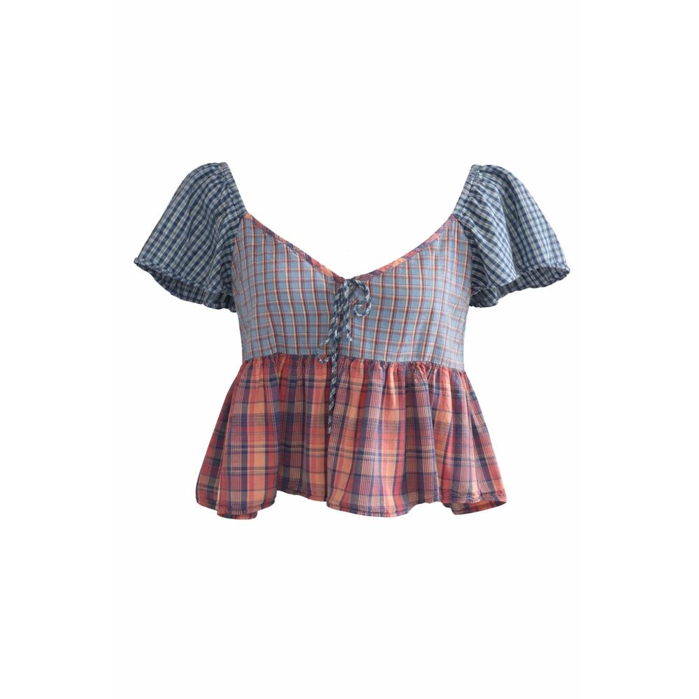 American Eagle Plaid Crop Top Peplum Babydoll Tie Front Cottagecore Y2K Blouse